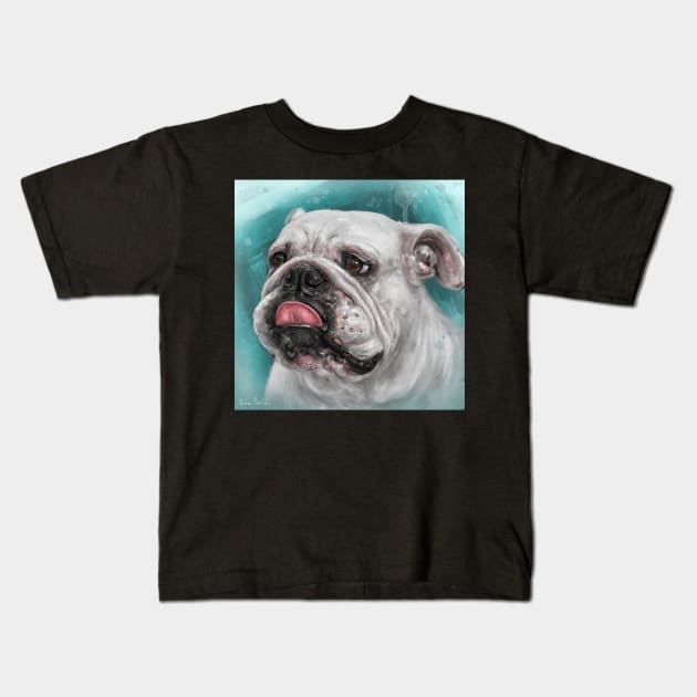 Close Up Painting of a White Bulldog With Its Tongue Out, Blue Background Kids T-Shirt by ibadishi